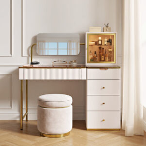 Cassandra Luxury Beige Vanity Table with Adjustable Mirror & Hidden Storage – LED Light, USB Charging, and Easy Assembly
