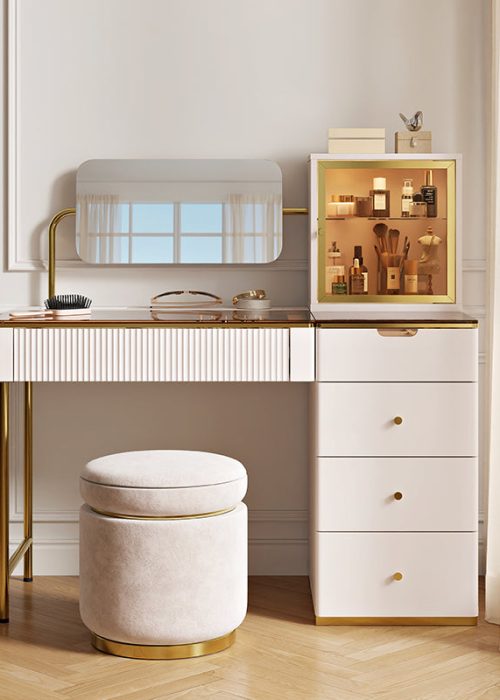 Cassandra Luxury Beige Vanity Table with Adjustable Mirror & Hidden Storage