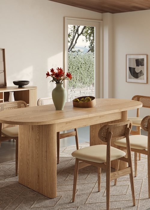 Todd Japandi Oval Dining Table – 63″ to 78.7″ Extendable, Seats 4–6, Modern Light-Wood Finish