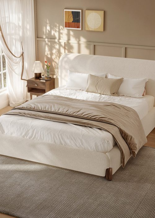 Miya Japandi Sherpa Bed – King Size with Extra-Thick Upholstered Headboard